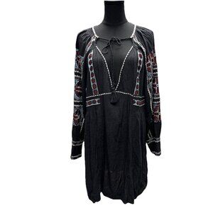 Free People Black Embroidered Mini Dress with Burgundy and Light Blue Accents